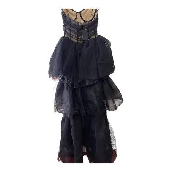 NBD Paula Corset Gown Strapless Tulle Hi-Low Tiered Ruffle Skirt Black Size XS